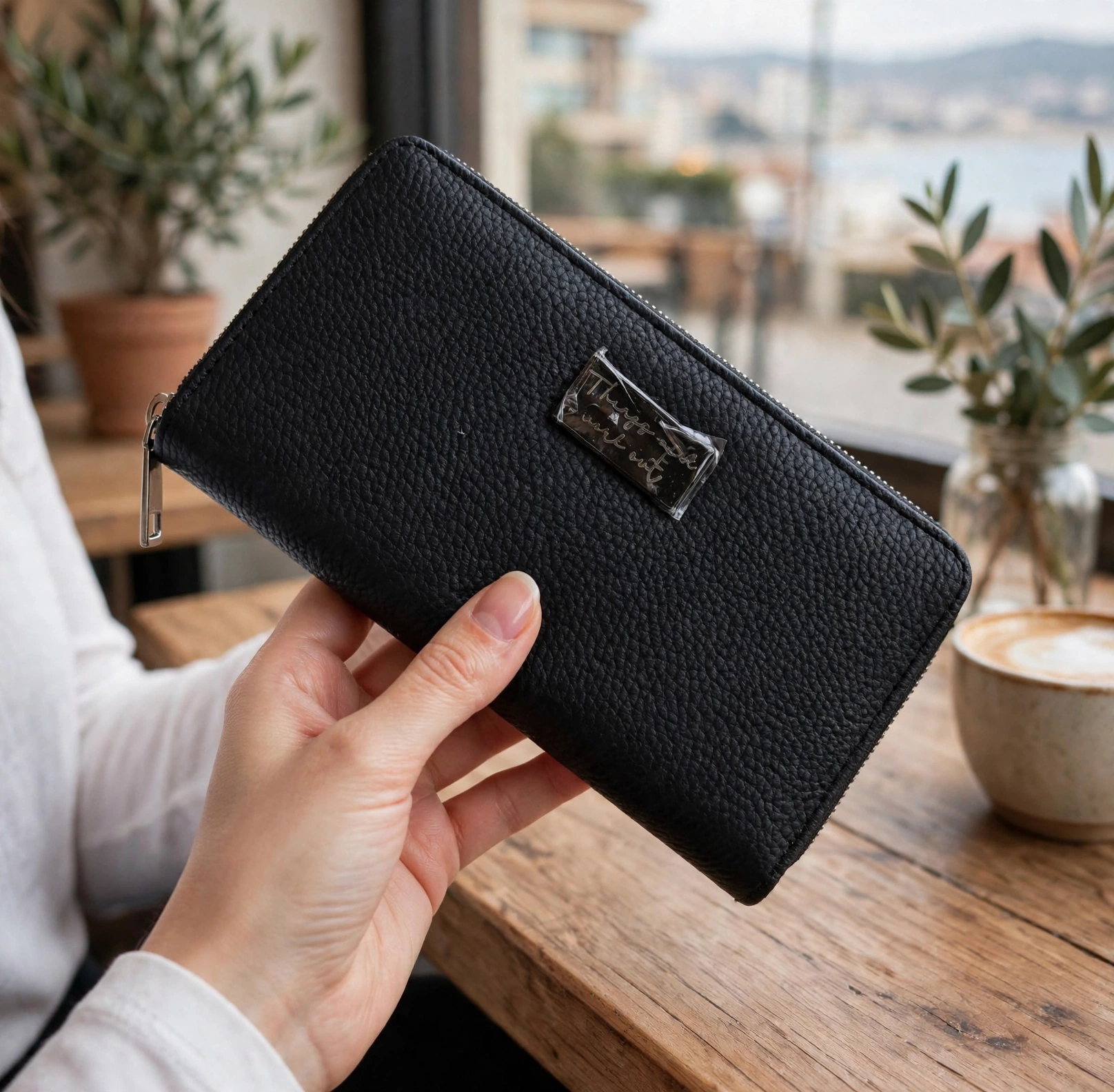 Billetera o fichero rectangular de color negro con textura granulada y cierre de cremallera metálica lateral.
