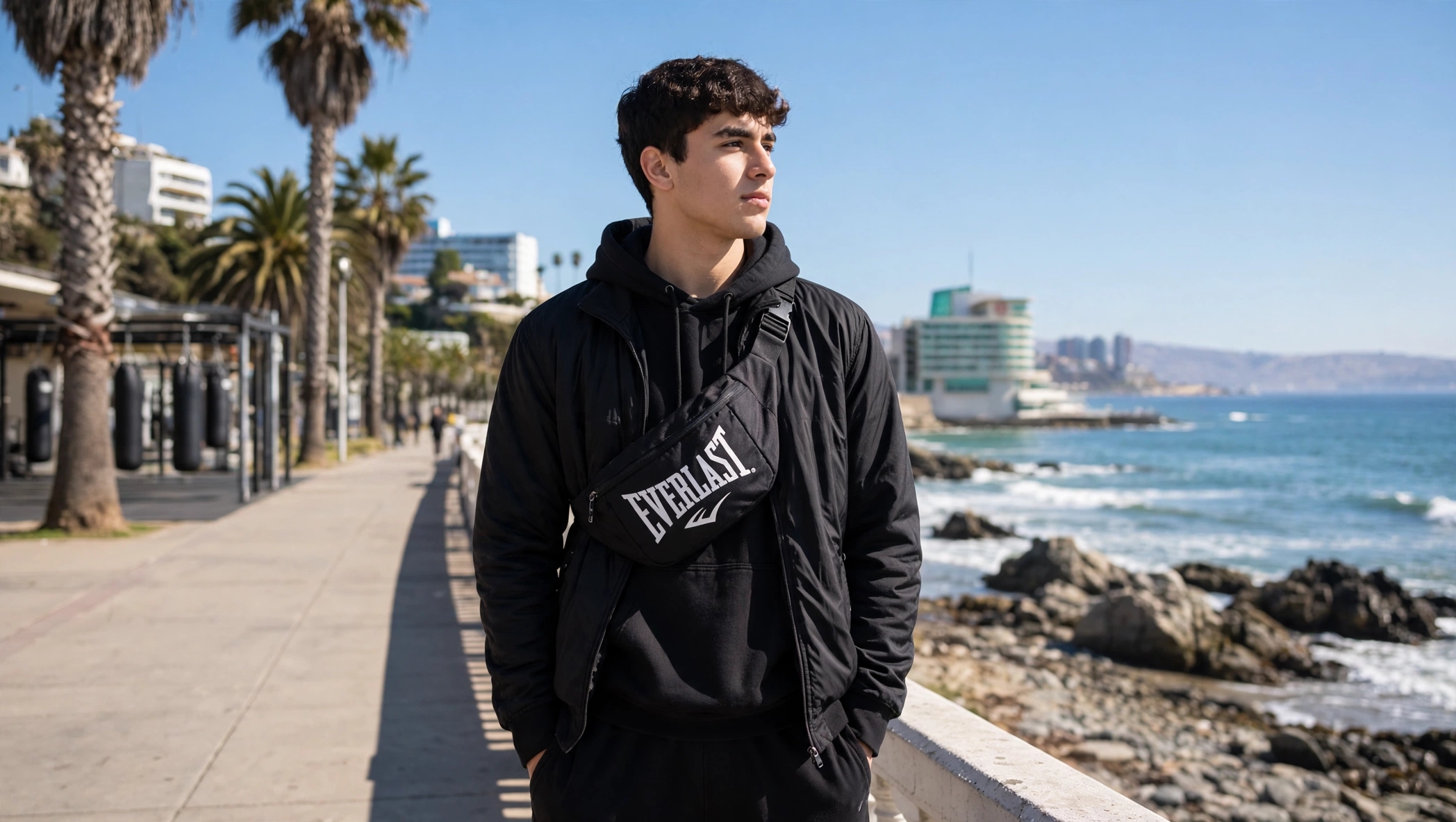 riñonera o banano negro de la marca Everlast de uso deportivo y urbano.