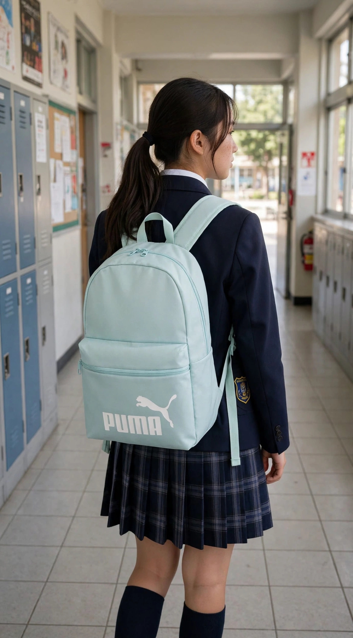mochila Puma Phase Backpack en color agua / celeste (modelo 079943 / estilo liso en poliéster).