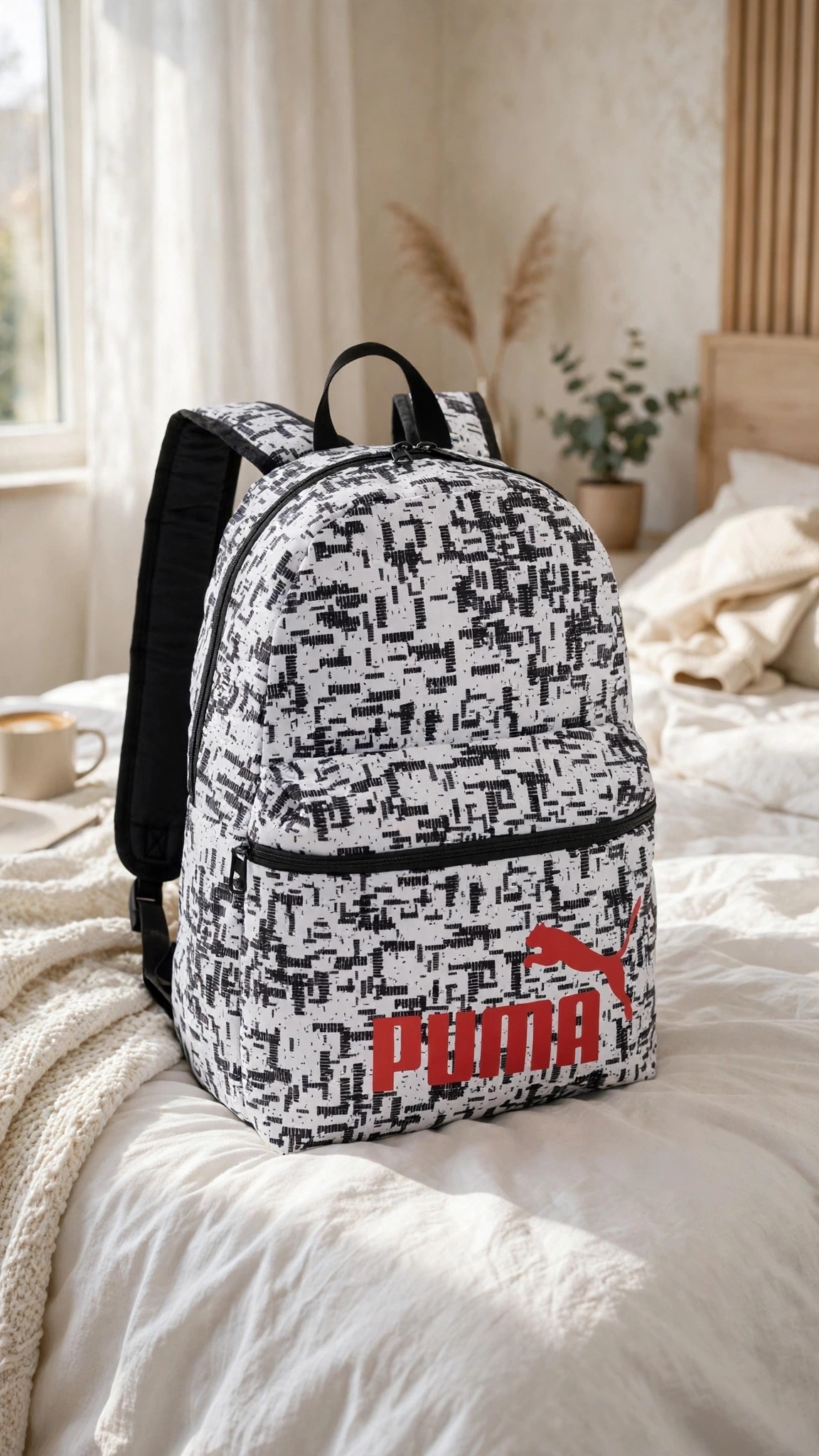 mochila PUMA Phase AOP Backpack en color blanco y negro con el logotipo de Puma en rojo.