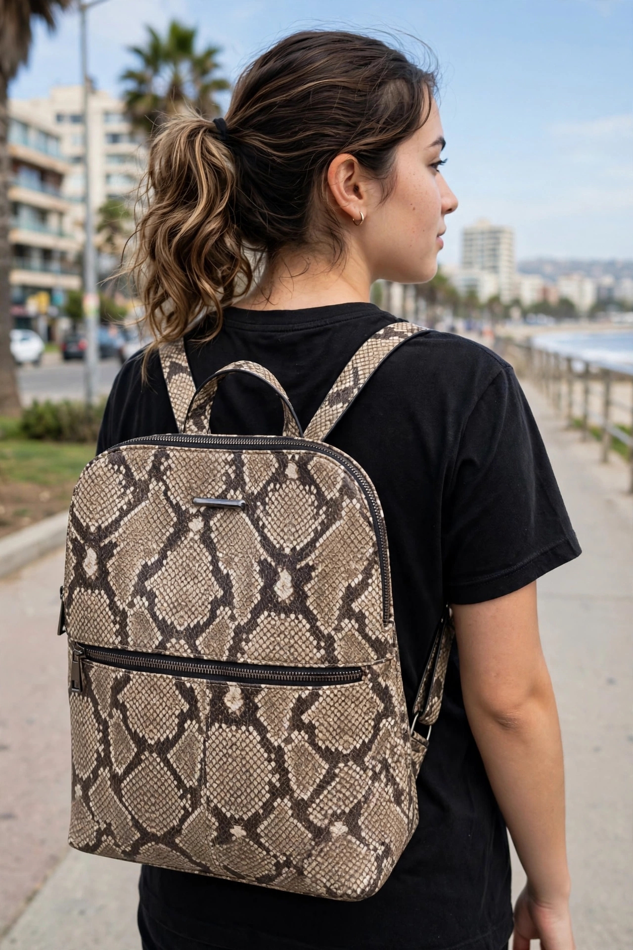 mochila que se ve en la imagen es de cuerina con un estampado