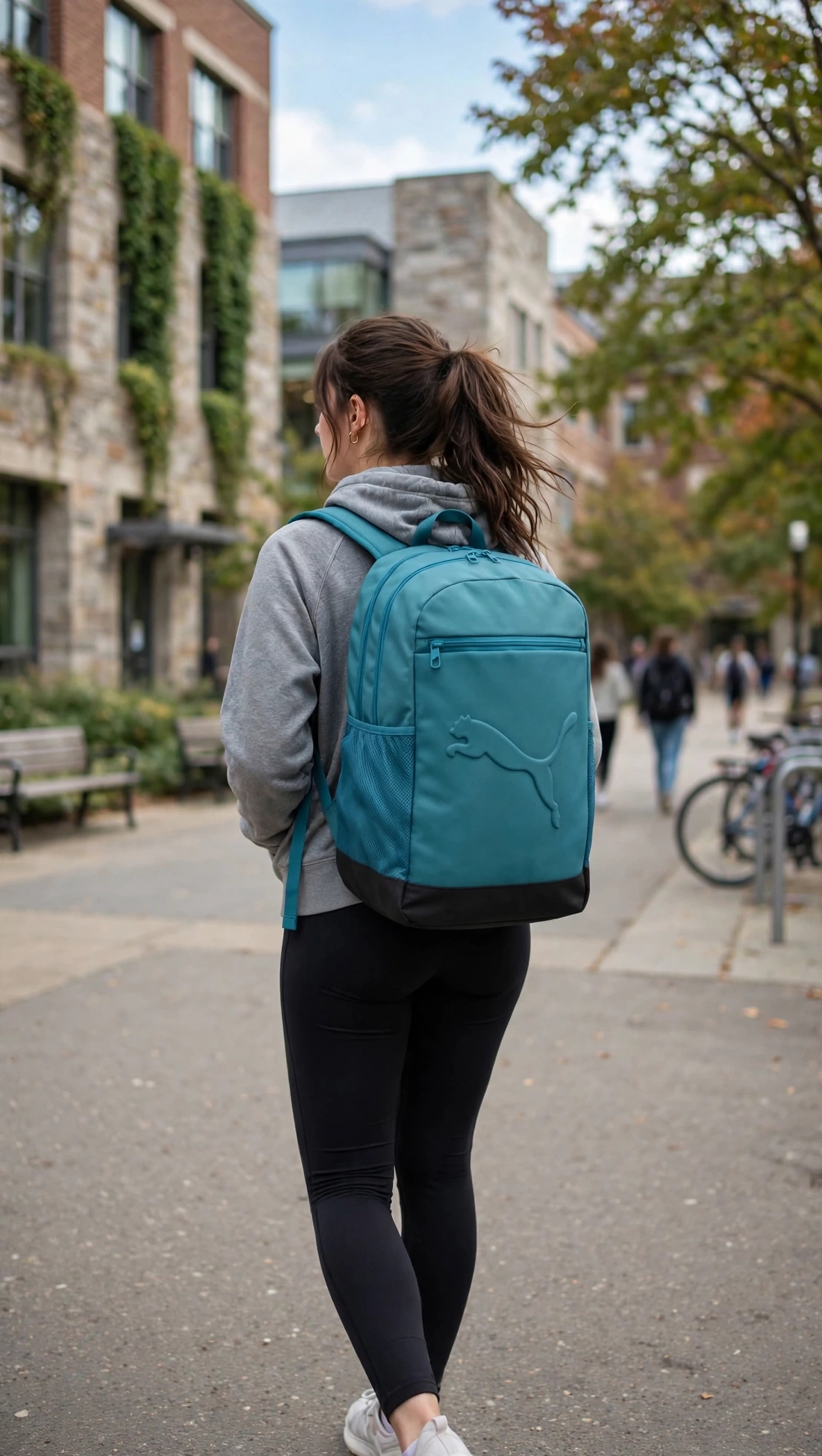 mochila en la imagen es una Puma Buzz Backpack de color verde azulado/esmeralda con base negra y el logotipo del felino