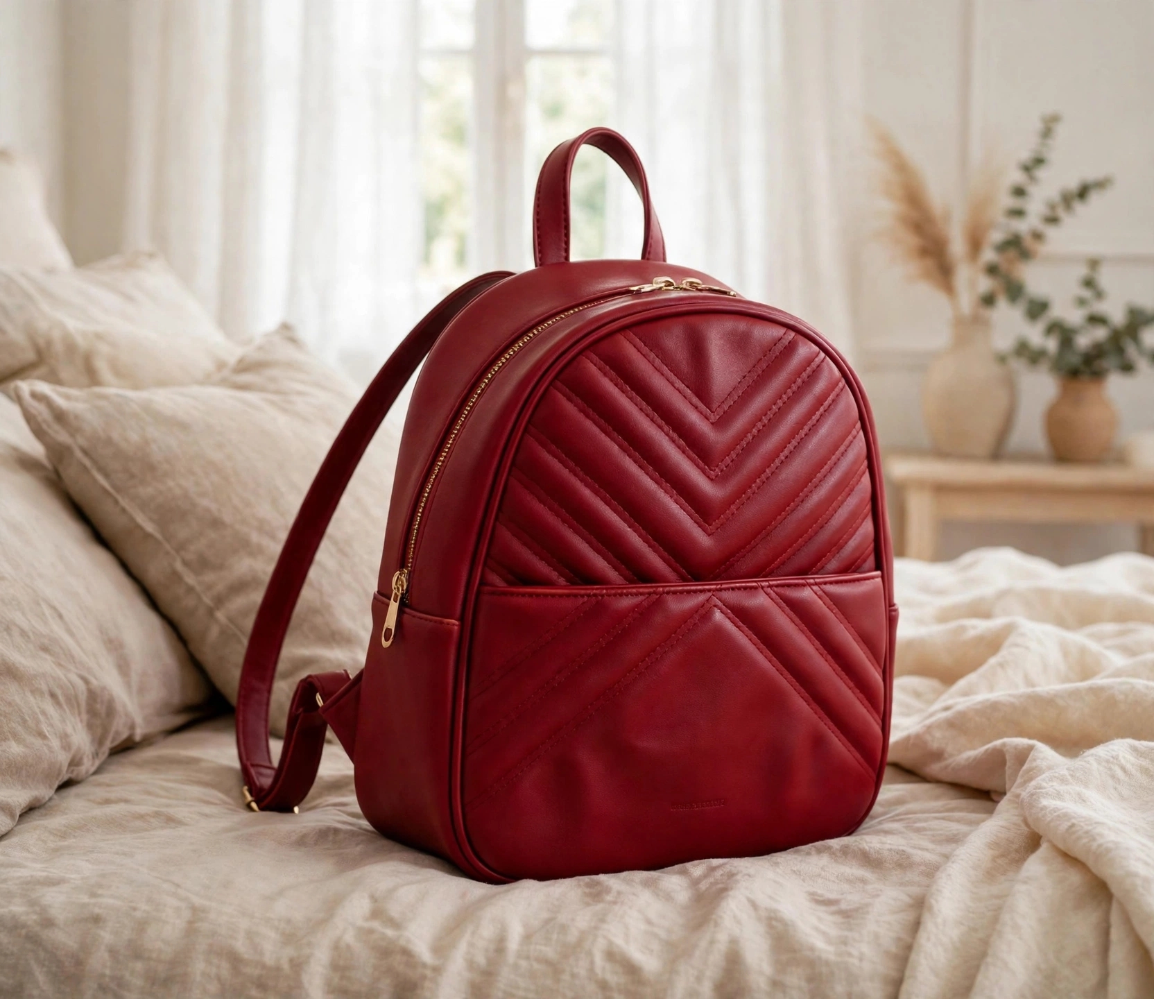 mochila roja de cuerina con diseño capitonado en chevrón (en forma de V) y herrajes dorados