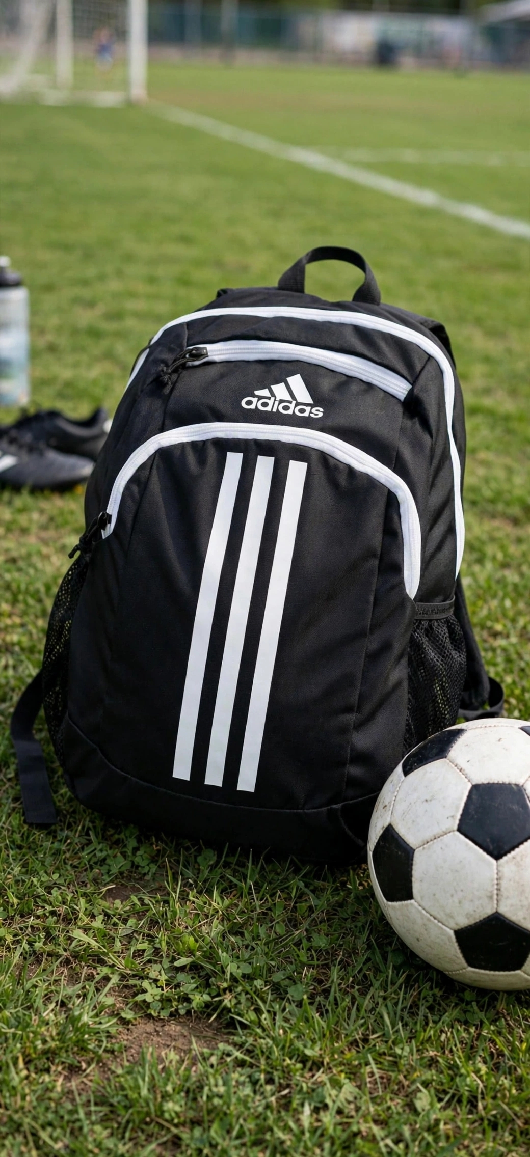mochila Adidas Creator 2 (o Young BTS Creator 2) de color negro con las tres franjas blancas en el frente